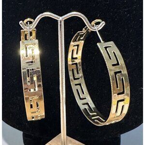 LARGE GREEK KEY ROUND HOOP EARRINGS  LIGHT WEIGHT Openwork Gold Tone